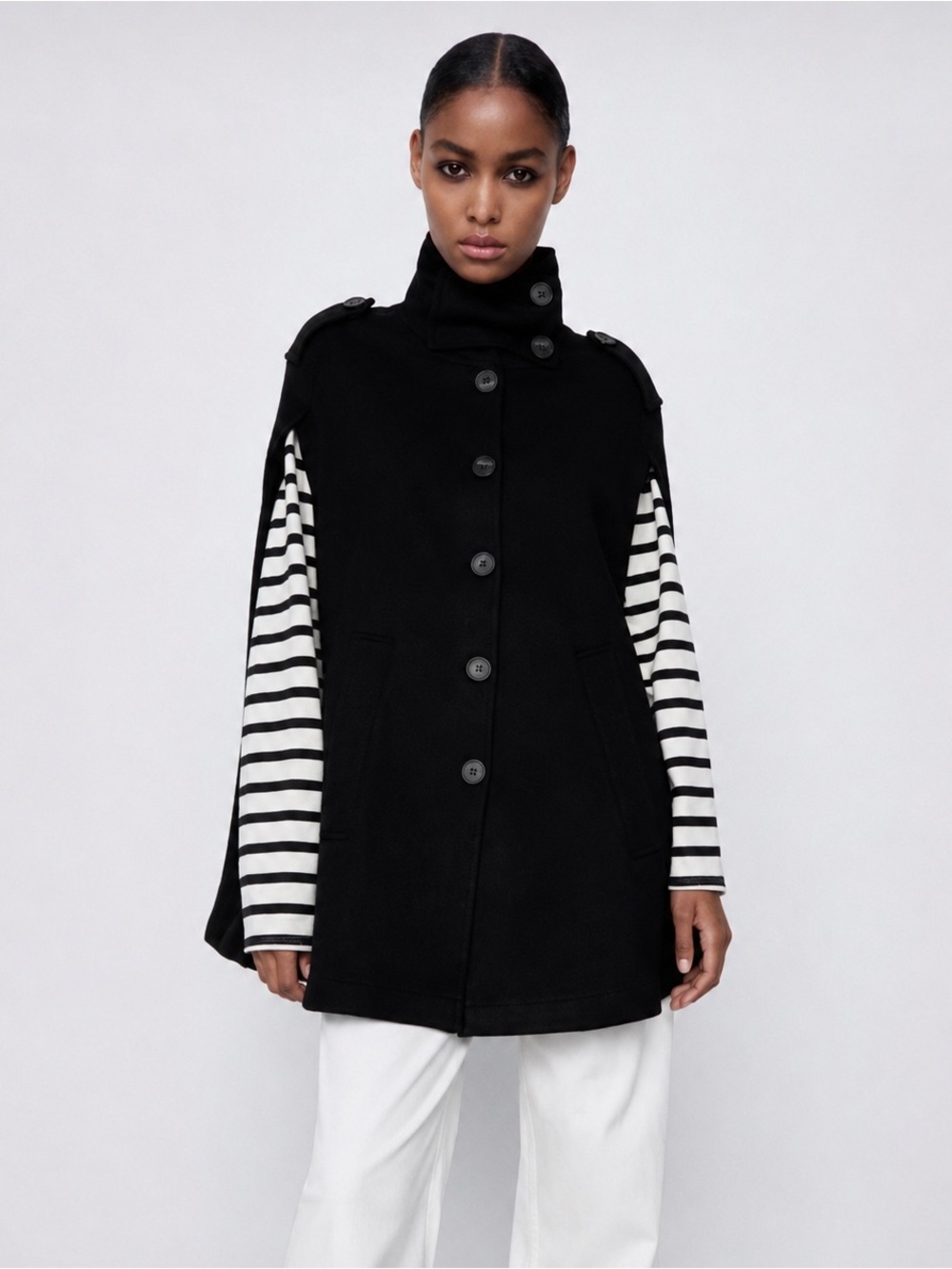 ZARA Black Military Cape Coat | Sleeveless High Neck Button Front